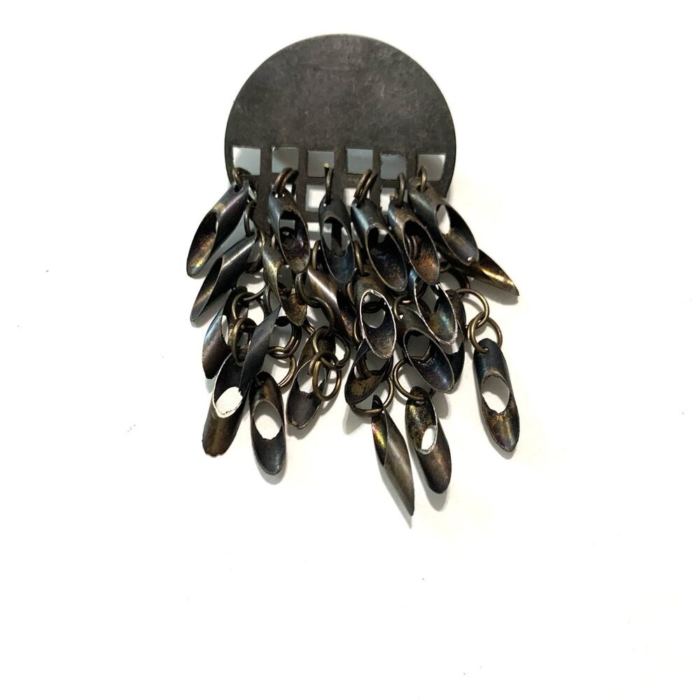Vintage Brutalist Dangle Brooch Cut Ethnic Metalwork Geometric Design Made India